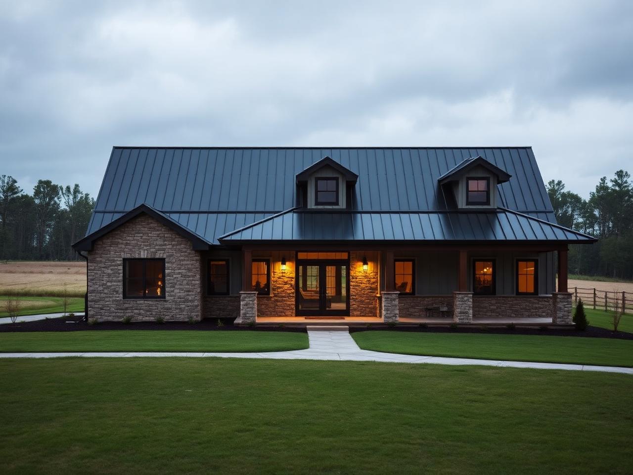 Representative photo of a custom barndominium with a metal roof and stone accents in a rural setting
