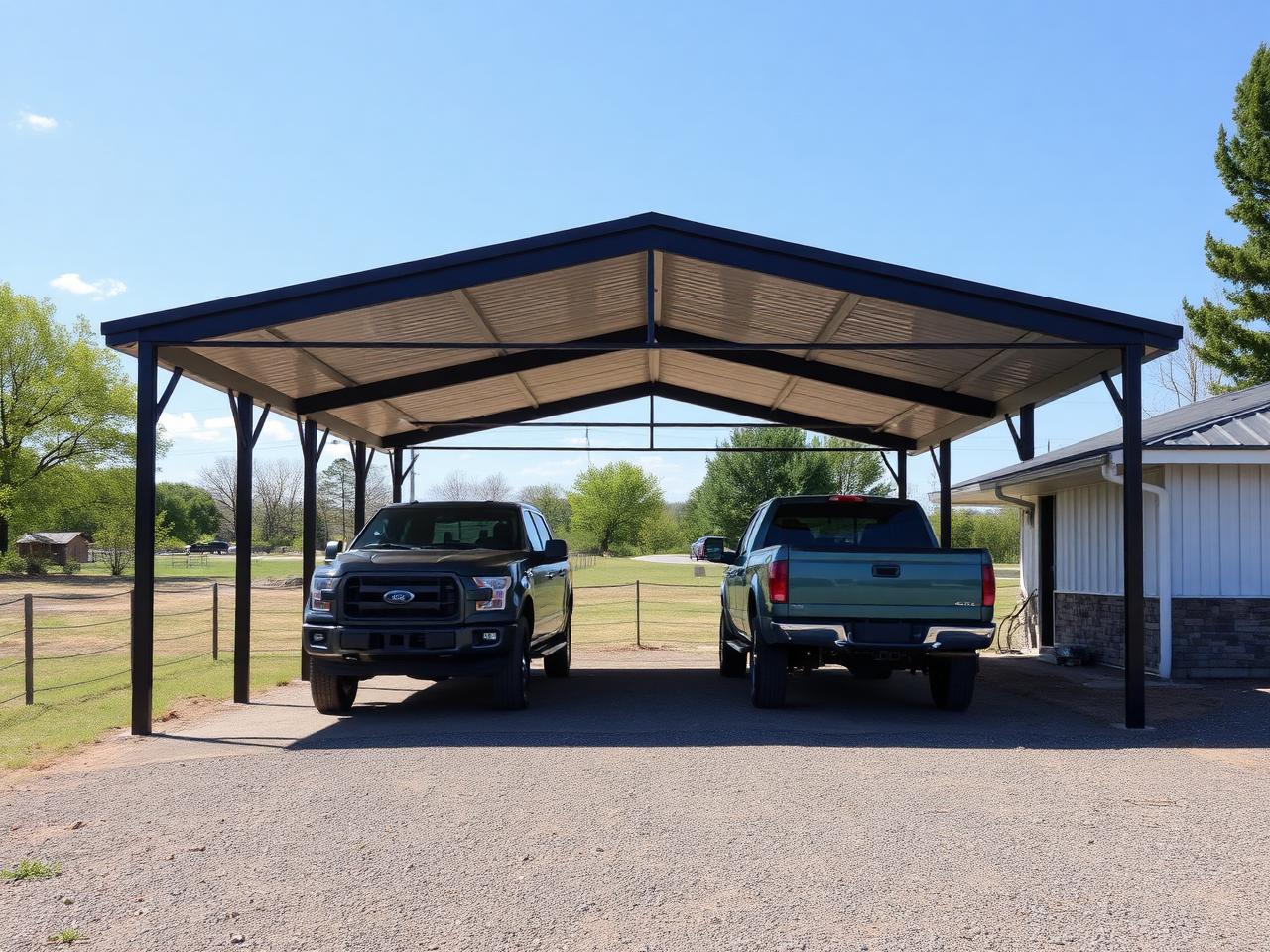 Representative photo of a metal carport sheltering two pickup trucks beside a rural home