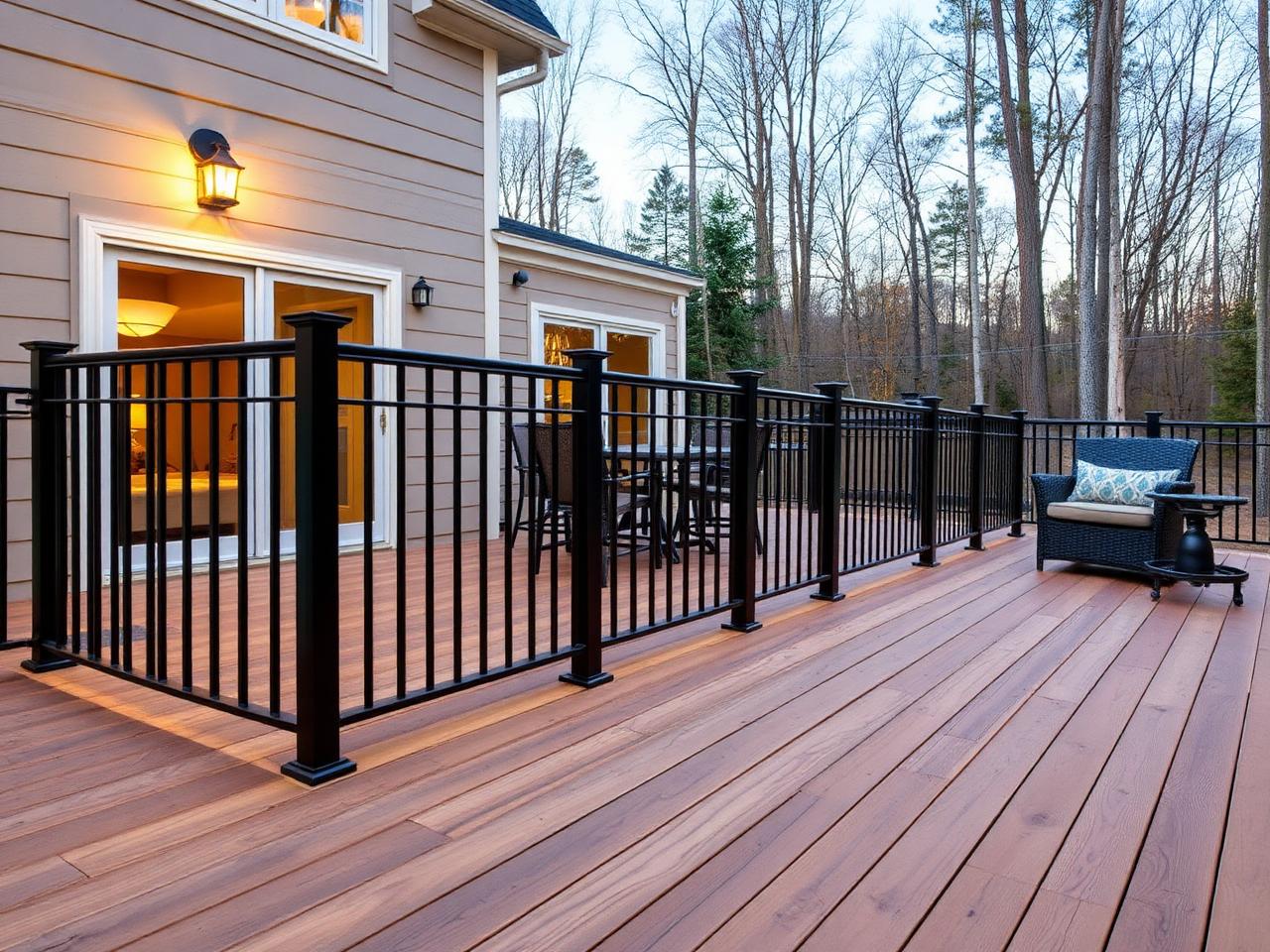 Representative photo of a custom deck with black railing attached to a home in a wooded setting