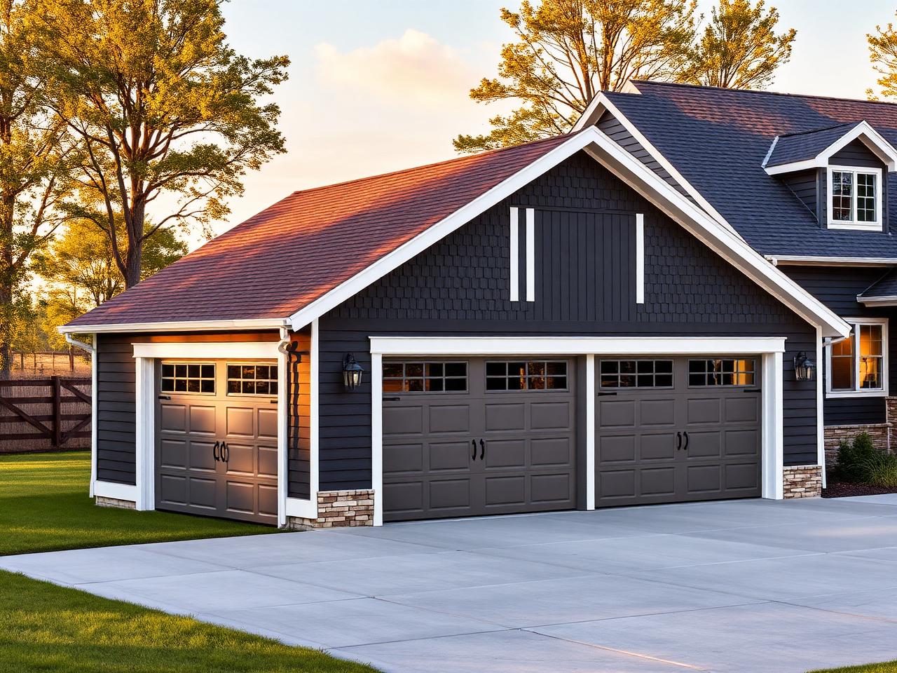 Representative photo of a custom detached garage with dark siding beside a home