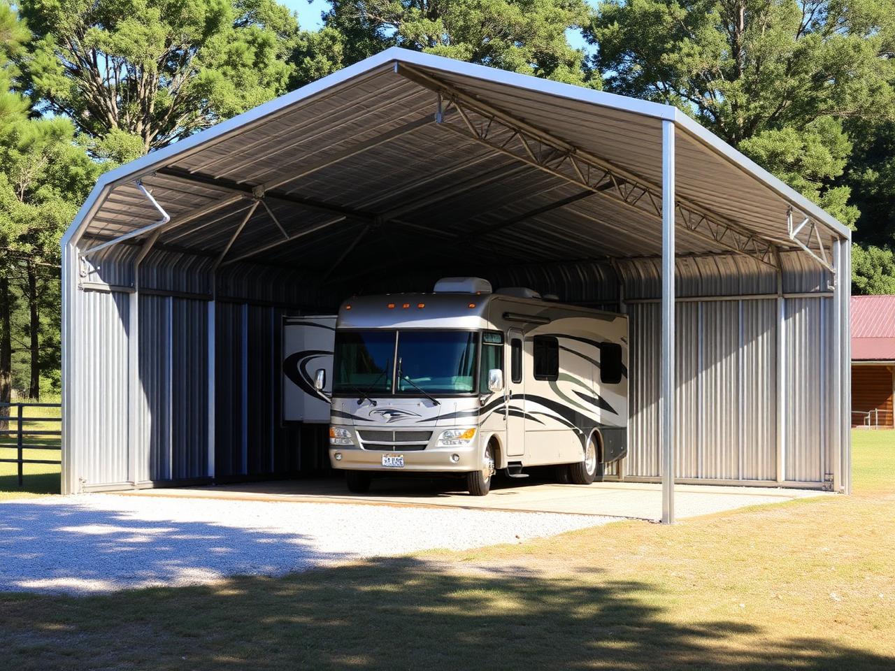 Representative photo of a tall metal RV cover sheltering a motorhome on a rural property