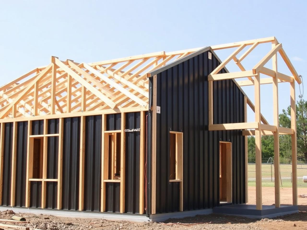 Representative photo of a stick-frame building partly clad in dark metal siding during construction