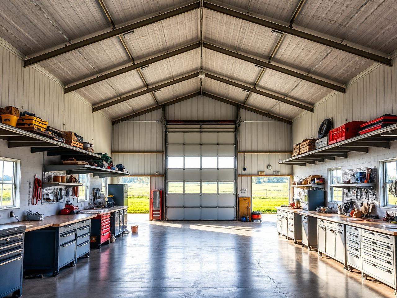 Representative photo of a bright custom workshop interior with workbenches and an overhead door